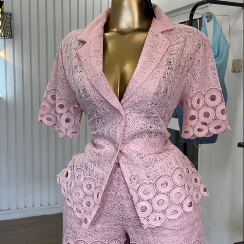 European and american cross-border women's fashion:  summer new arrival - stylish turn-down collar, hollow-out short sleeve shirt & wide-leg shorts casual set
