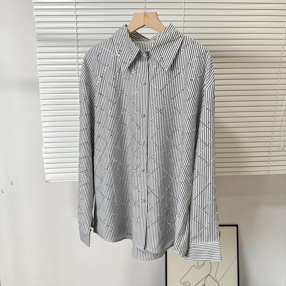2025 summer new women's french chic rhinestone argyle casual loose thin long sleeve turn-down collar blouse shirt