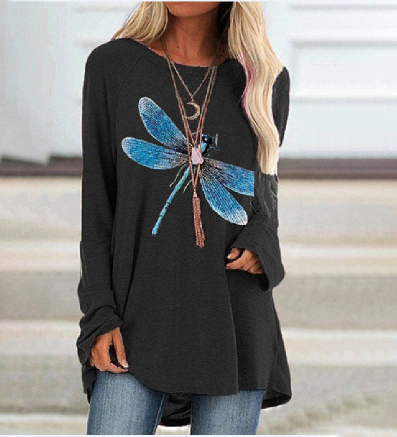 2025 amazon wish european and american new women's long-sleeve crew neck dragonfly print plus size t-shirt - casual and versatile