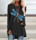 2025 amazon wish european and american new women's long-sleeve crew neck dragonfly print plus size t-shirt - casual and versatile