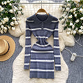 Autumn french retrofashionablecontrast colorstripesdress women's waist slimmingelegant lapel long sleevessweater skirt