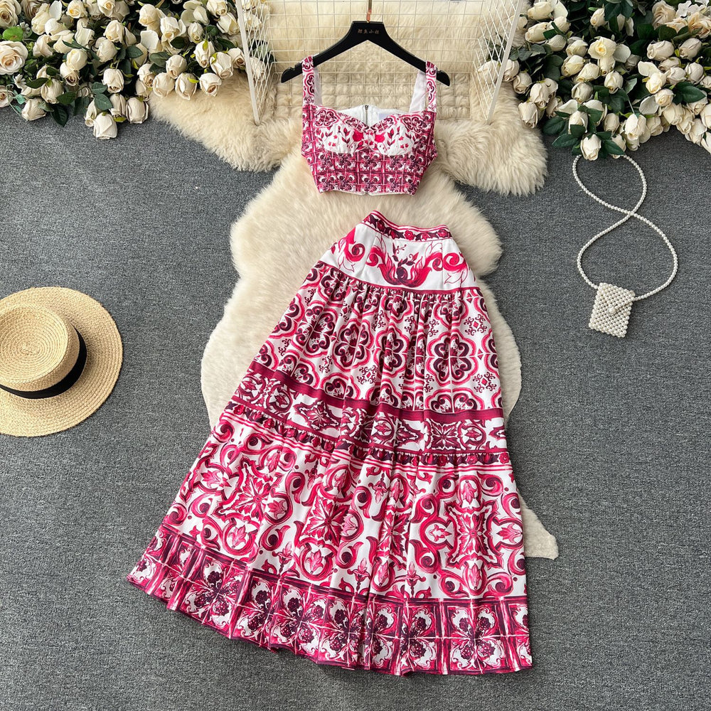 Summer blue and white porcelain print set for women: 3d padded bandeau top with straps + pleated midi skirt two-piece outfit