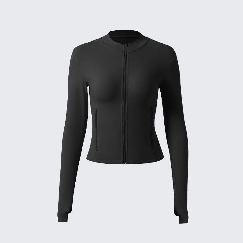 New zipper stand-up collar long-sleeved yoga clothes women's outdoor running fitness with chest pad thumb hole nude sports long sleeves