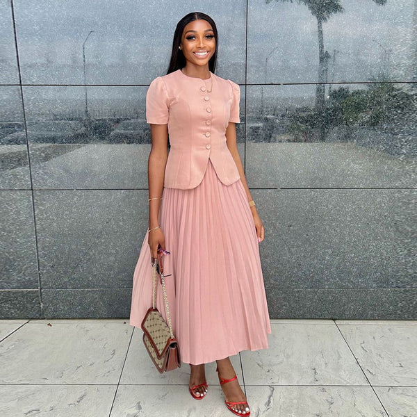European and American women's high-end bubble sleeve cardigan shirt high waist fashion pleated skirt African temperament foreign style two-piece set women