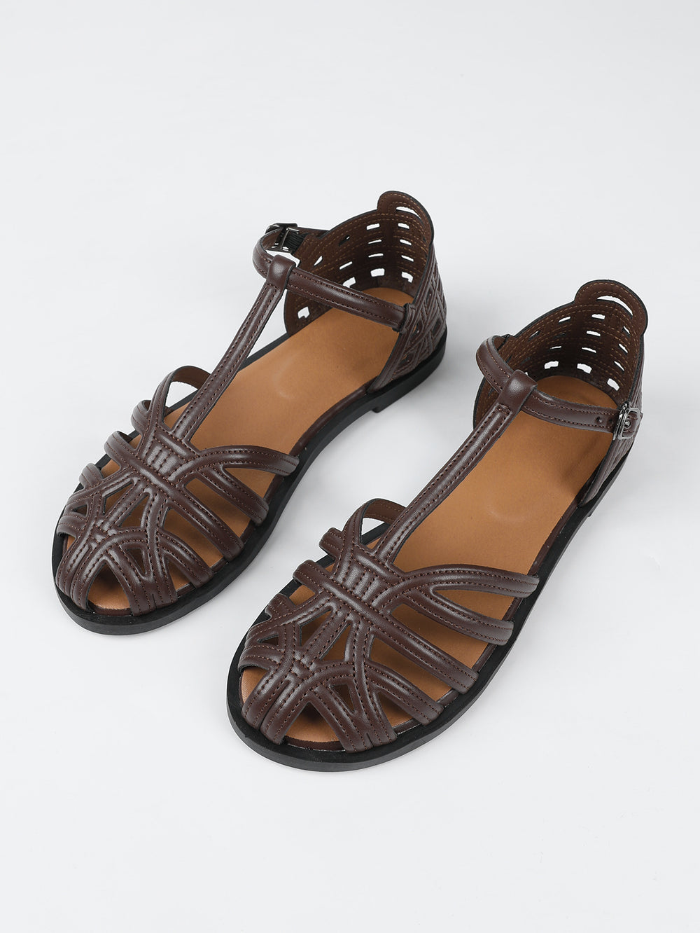 Women's flat fashion sandals - 2026 summer french retro woven hollow-out breathable closed-toe thong strap roman sandals