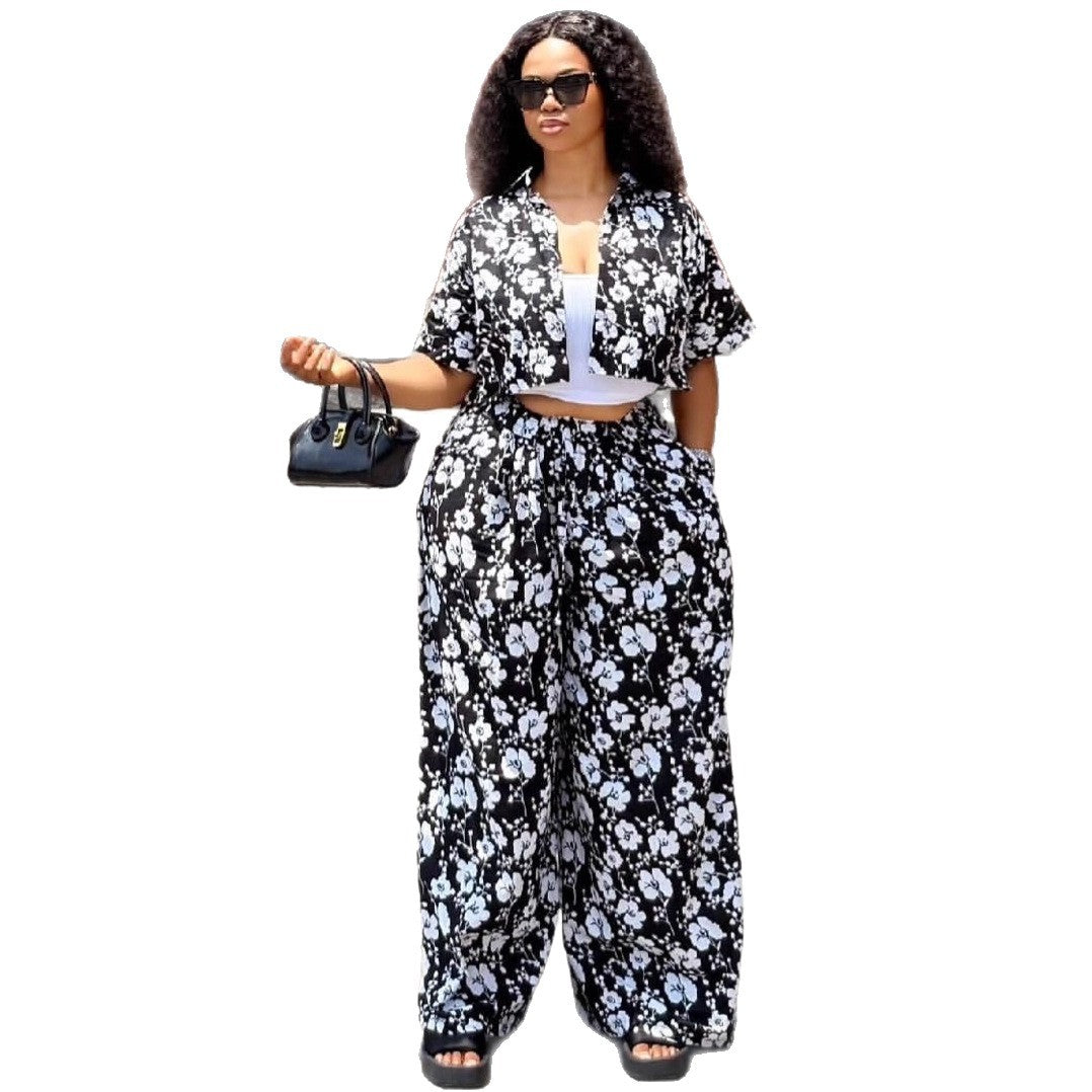 European and American large-size women's clothing 2025 new simple casual cardigan printed shirt trousers African fashion foreign style suit