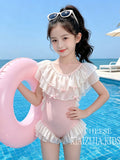 Girls' two-piece swimsuit: kids' double-layer mesh ruffle trim bowknot swimwear for beach vacations, hot springs, and swimming