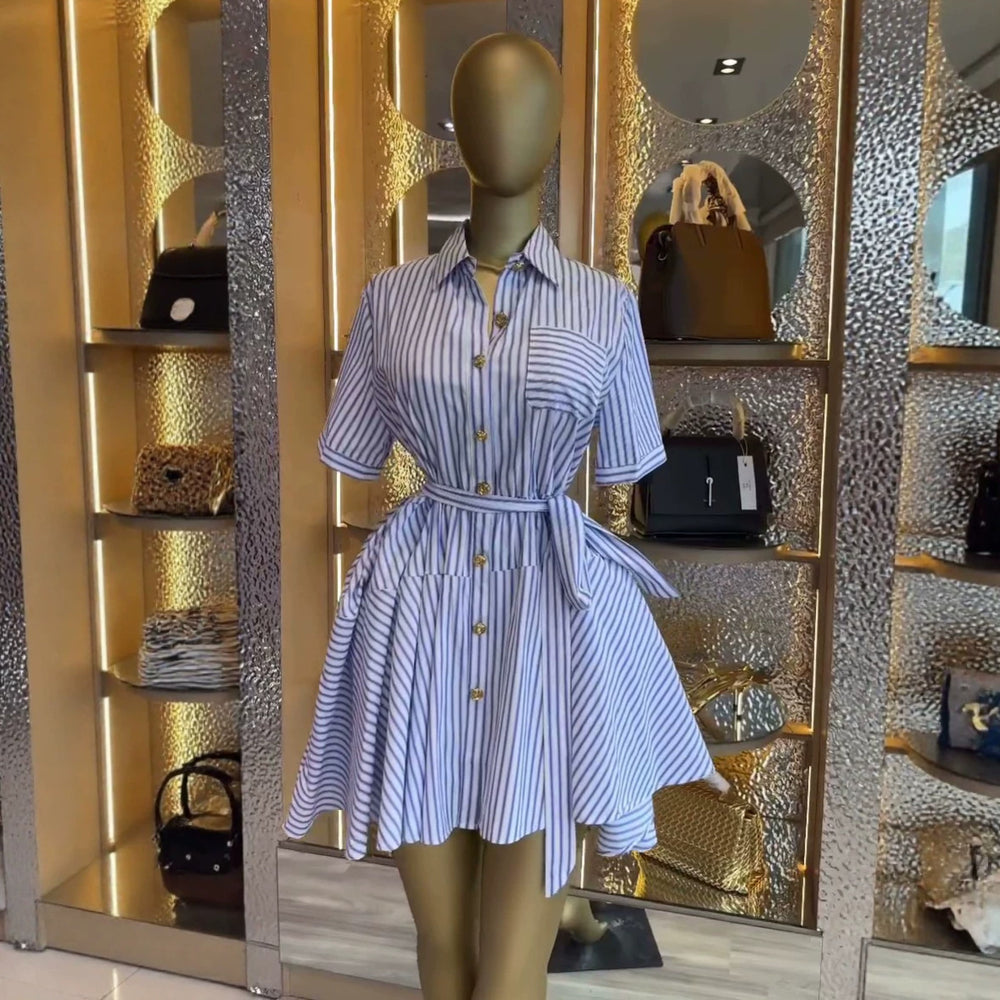 European and american cross-border women's fashion:  summer new arrival - elegant lapel, single-breasted button, pocket, tie-waist shirt dress
