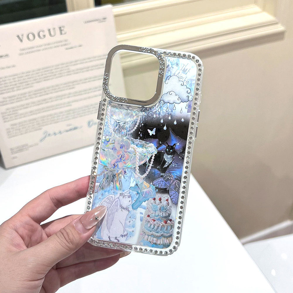 Angel black and white cat design iphone 17 air glitter diamond star phone case, apple 16 pro rhinestone protective cover