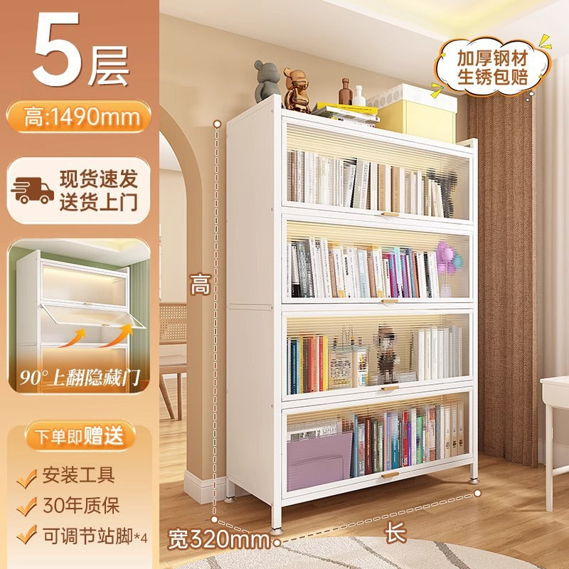 Steel bookcase with doors, dustproof storage rack, all-in-one wall-mounted multifunctional kids' bookshelf, freestanding storage cabinet for home use