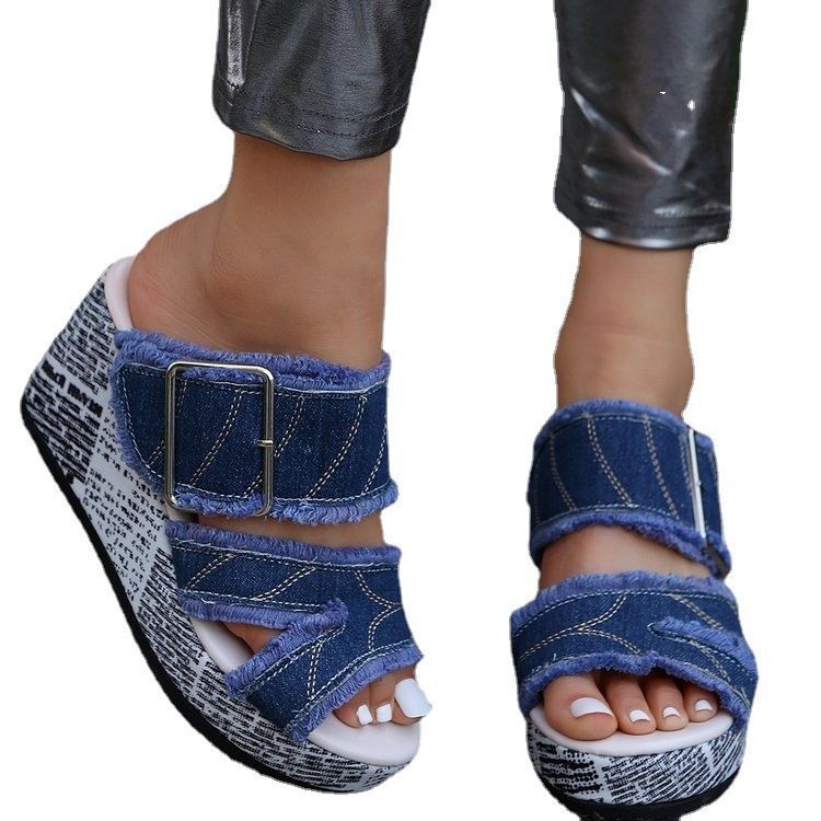 Fashionexportplus size one-piece buckle high-heeled slippers women's wedge heel thick sole cloth beach sandals independent station