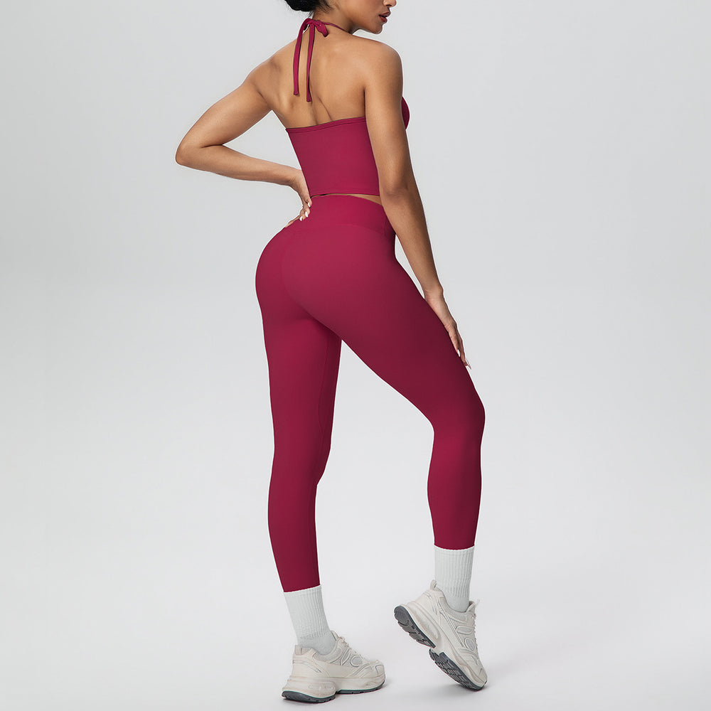 New arrival cross-border brushed beautiful back tight strap halter high waist yoga suit sports running fitness two-piece set