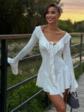 New arrival:  -style elegant ruffle trim bodycon mini dress - solid color flared long sleeve tie-up dress
