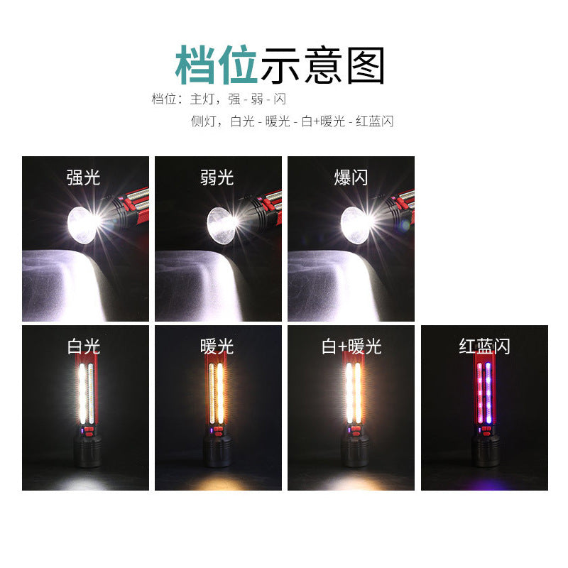 Cross-border new XHP50 solar strong light flashlight Type-C charging dual switch LED flashlight with side light