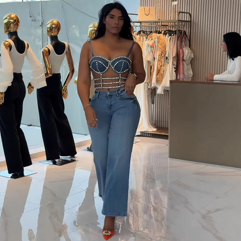 European and american style women's denim camisole -  cross-border fashion, sexy hot girl style, rhinestone embellished, adjustable top