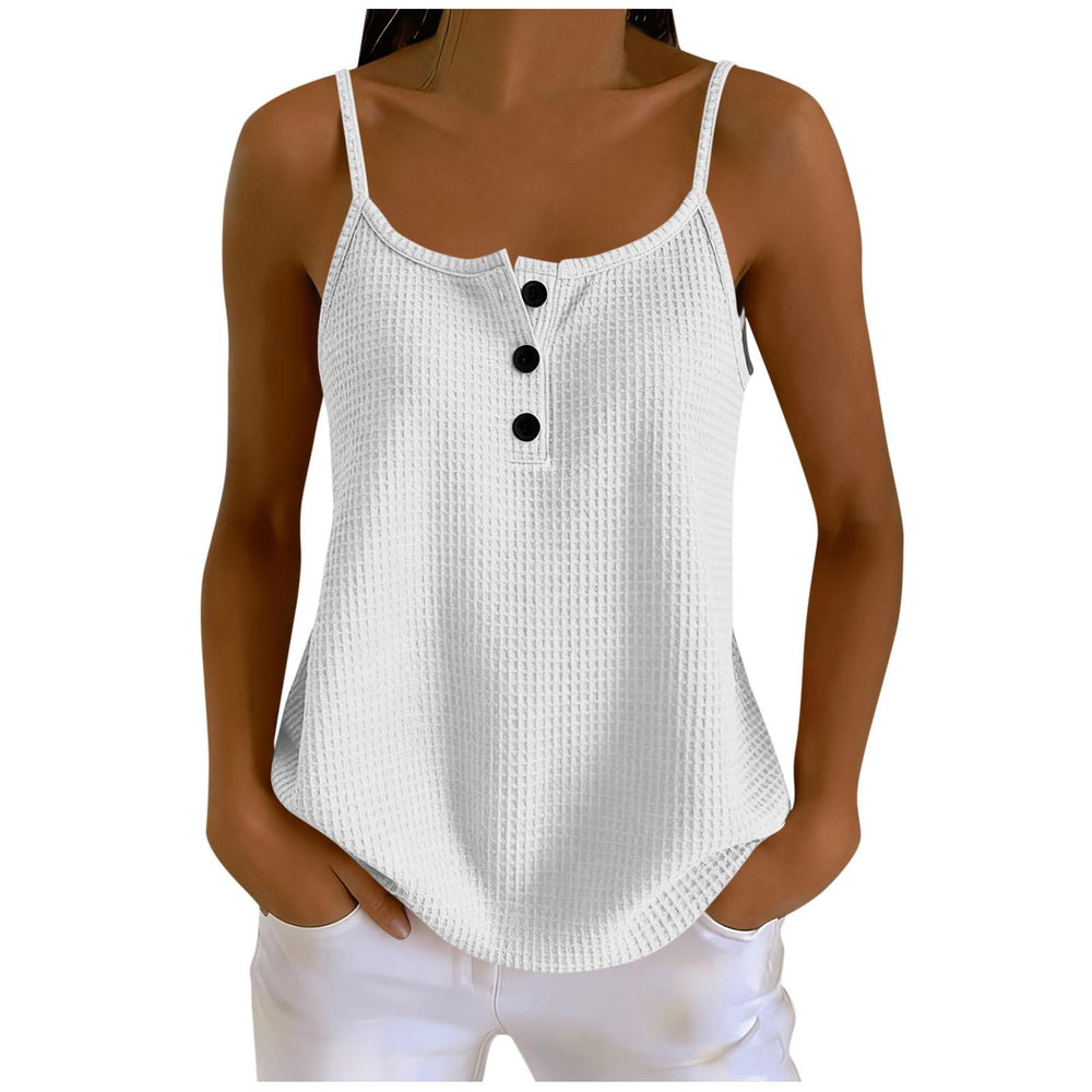 european and american summer new arrival: solid color waffle knit patchwork cami top with adjustable straps, slimming design, and button closure