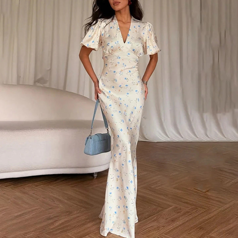 summer new women's fashion: european and american style cross-border dress - trendy printed v-neck bodycon maxi dress