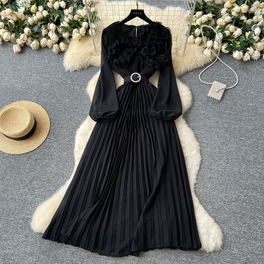 new arrival: exquisite, niche-style pleated dress with 3d lace, lantern sleeves, and tie-waist detail for a slimming and elegant silhouette