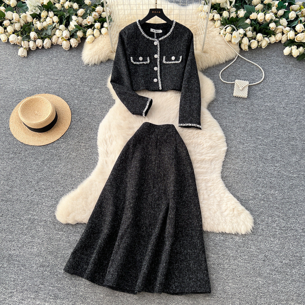 Xiaoxiangfengwork clothingtwo-piece setfemaleautumclassy sense metal bucklecardiganhigh waistelegant skirtsuit