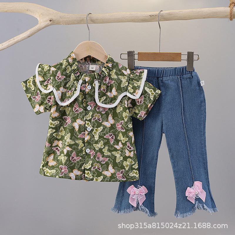 Summer floral dress set for 0-4 year old baby girls - single-breasted skirt, short-sleeve children's summer outfit