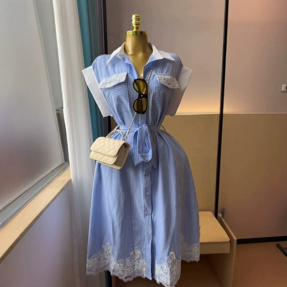 European and american cross-border women's fashion:  summer new collection - striped, turn-down collar, lace-trimmed, cinched-waist shirt dress