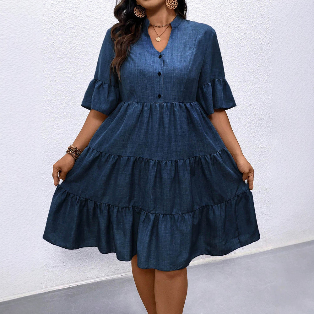plus sizecasual skirt stand collar small v placket bell sleeves multi-layer patchwork loose imitation denim