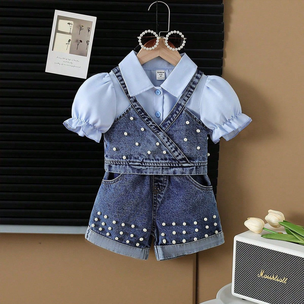 new summer cross-border girls' collared shirt, denim vest, and beaded jeans three-piece set