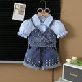 new summer cross-border girls' collared shirt, denim vest, and beaded jeans three-piece set