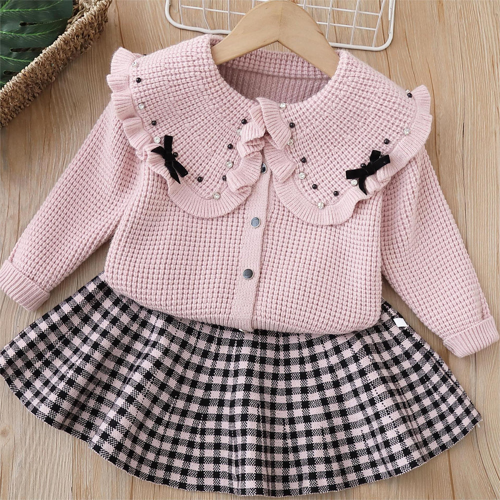 Sweatertwo-piece set5girlswearknittingsuit skirt baby girl lapel pearl cardiganoutwearlong sleevesk-style children's clothing