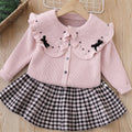 Sweatertwo-piece set5girlswearknittingsuit skirt baby girl lapel pearl cardiganoutwearlong sleevesk-style children's clothing