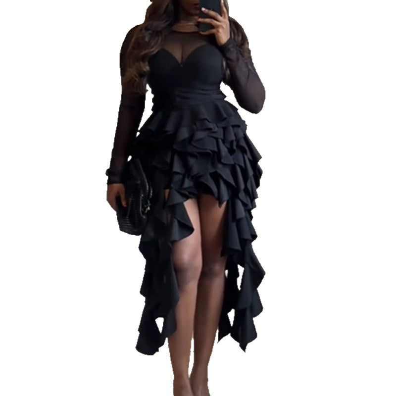European and american cross-border women's fashion:  autumn new arrivals - sexy, elegant, slim-fit ruffle evening gown, long sleeve dress