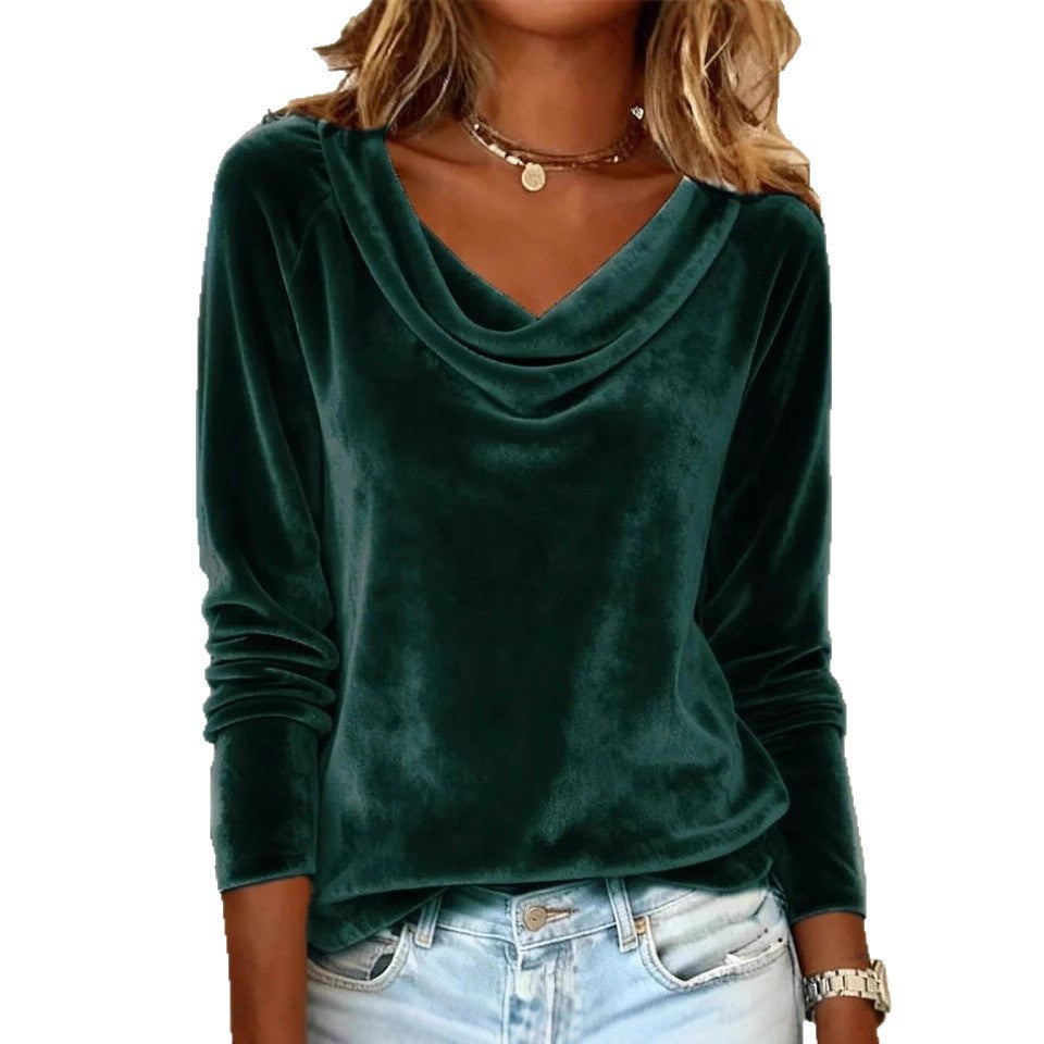fashion women's solid color scoop neck long sleeve sexy velvet t-shirt - new arrivals for us & european cross-border  & independent stores