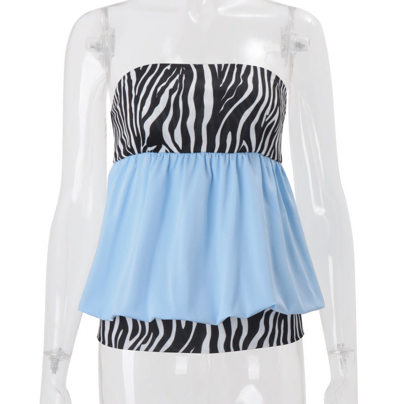Amazon women's clothing  summer new fashion american hot girl off-the-shoulder bandeau zebra print color block tank top