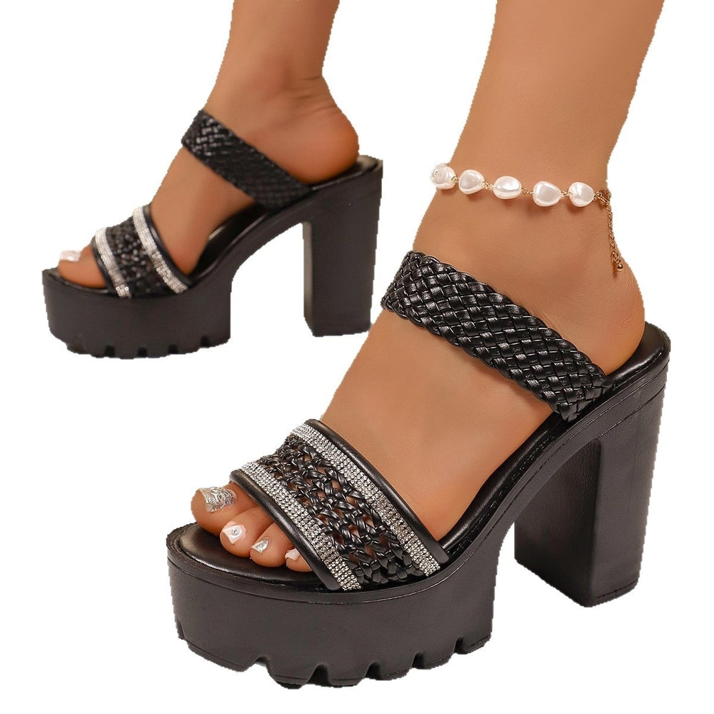 export summer high heel slippers women's elegant mesh  new large size chunky heel sandals wholesale