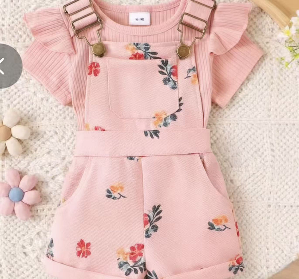 Amazon spring new girls' baby outfit set: solid color short-sleeve top with printed overalls two-piece set