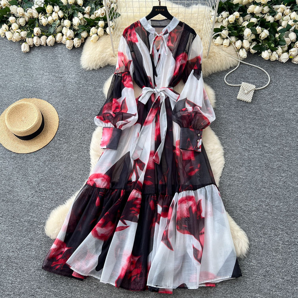 French chic dress -  new collection: court style tie-waist lantern sleeve printed mesh midi dress