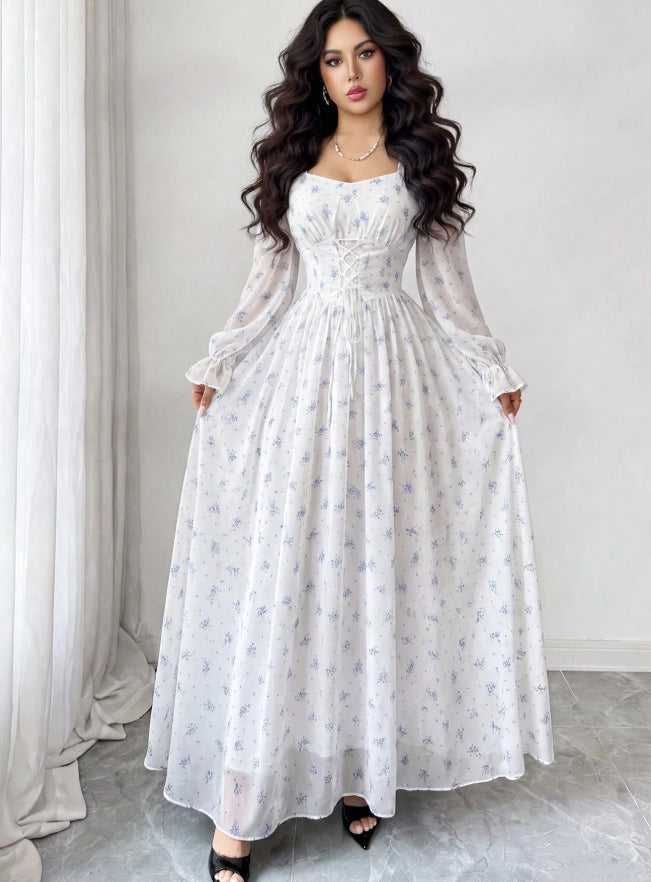 European and american cross-border  gentle style white background blue floral long dress with square neck and puff sleeves - korean style outfit