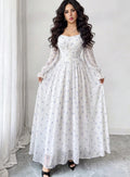 European and american cross-border  gentle style white background blue floral long dress with square neck and puff sleeves - korean style outfit
