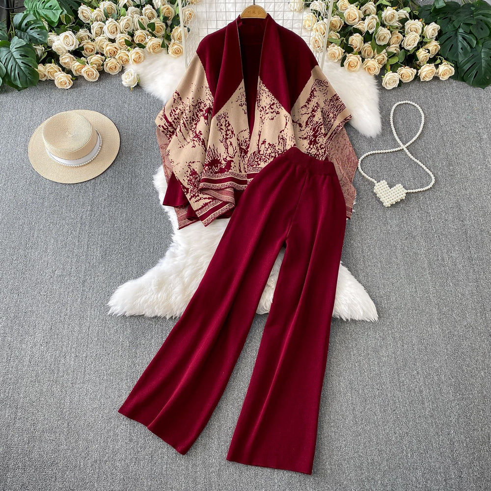 High-end elegant half-high neck sweater + printed knit shawl cardigan + high-waisted slimming pants three-piece set
