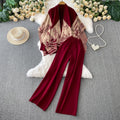 High-end elegant half-high neck sweater + printed knit shawl cardigan + high-waisted slimming pants three-piece set
