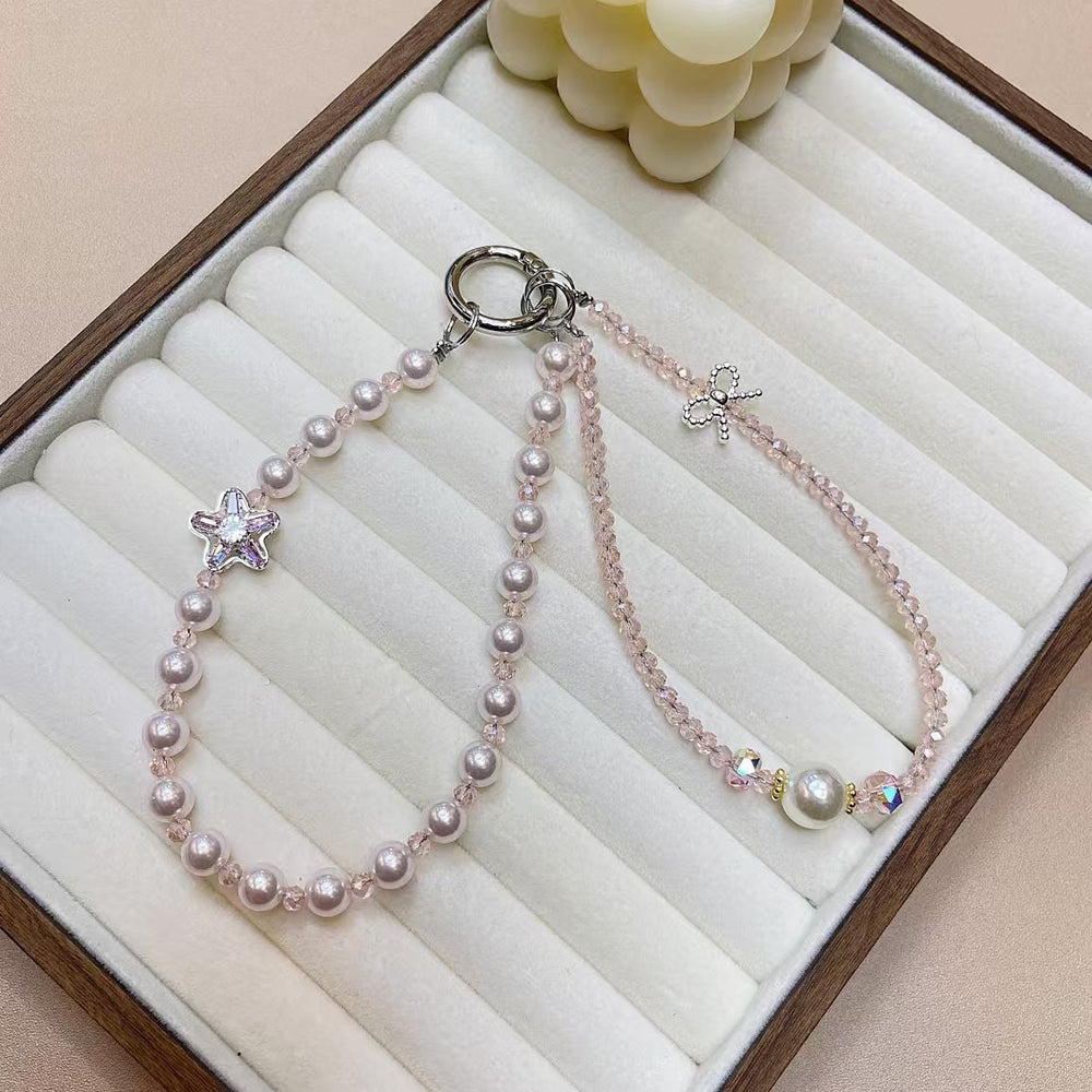 Women's mobile phone chain creative insfashion mobile phone pendant diy handmade pearl crystal rhinestone double chain lanyard new arrival