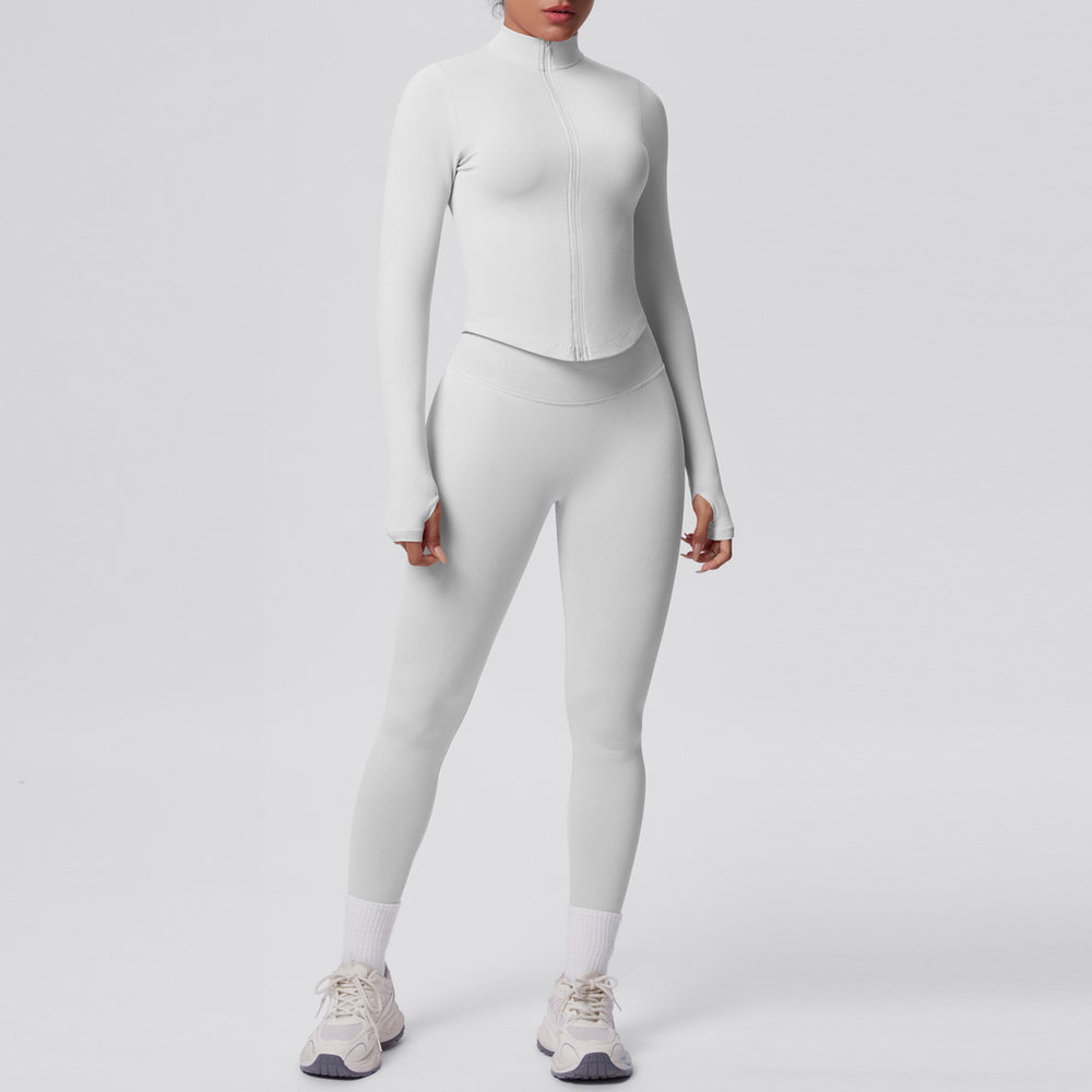 seamless pure color tight high elastic breathable zipper nine-point sports suit running fitness yoga suit two-piece set