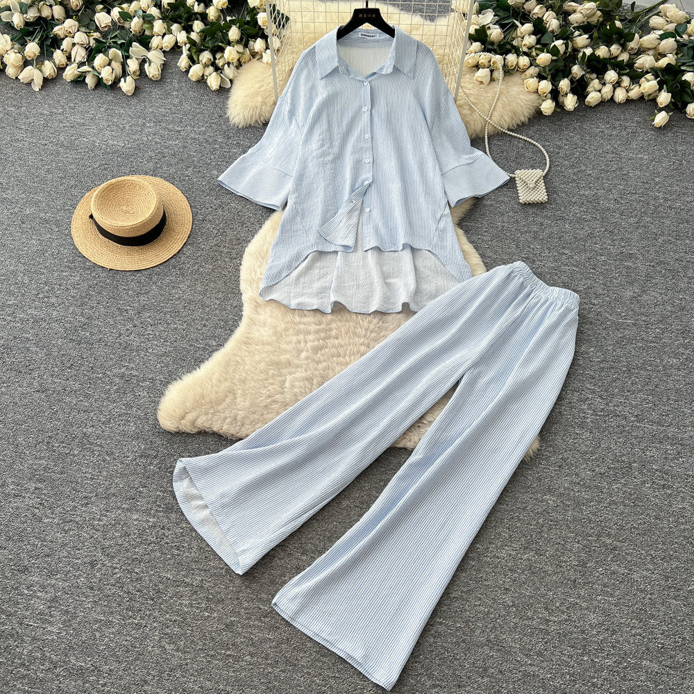 Lazy style stripesshirtloose pantstwo-piece set female summer lapel casualcasualelegantsuitsense of design