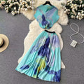 European and american cross-border fashion women's clothing  autumn new french-style design printed top and pleated skirt set with cinched waist