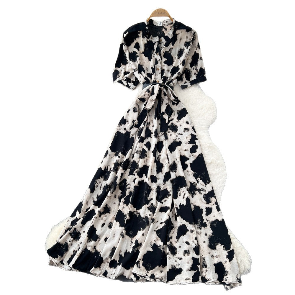Vintage print a-line dress - women's summer short sleeve, slim fit, elegant long dress