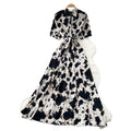 Vintage print a-line dress - women's summer short sleeve, slim fit, elegant long dress