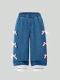 hot-selling girls' denim washed trousers with bow detail - cross-border exclusive