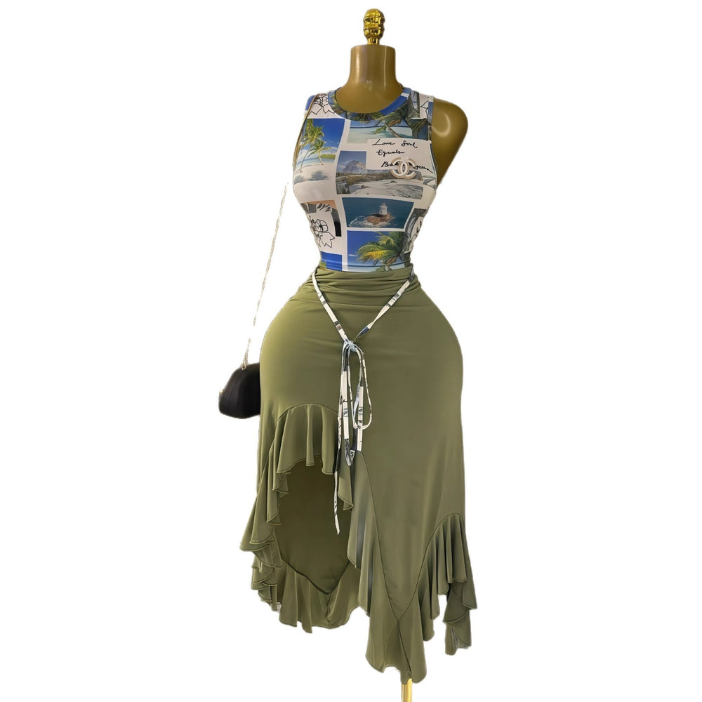 European and american cross-border women's fashion:  early autumn new sleeveless round neck bodycon top and asymmetrical midi skirt two-piece set