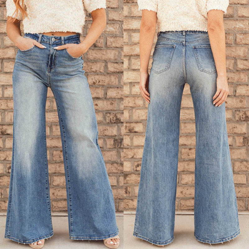 European and american style mid-rise sky blue denim jeans for women - gradient wash, wide leg, casual, versatile, basic jeans