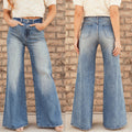 European and american style mid-rise sky blue denim jeans for women - gradient wash, wide leg, casual, versatile, basic jeans
